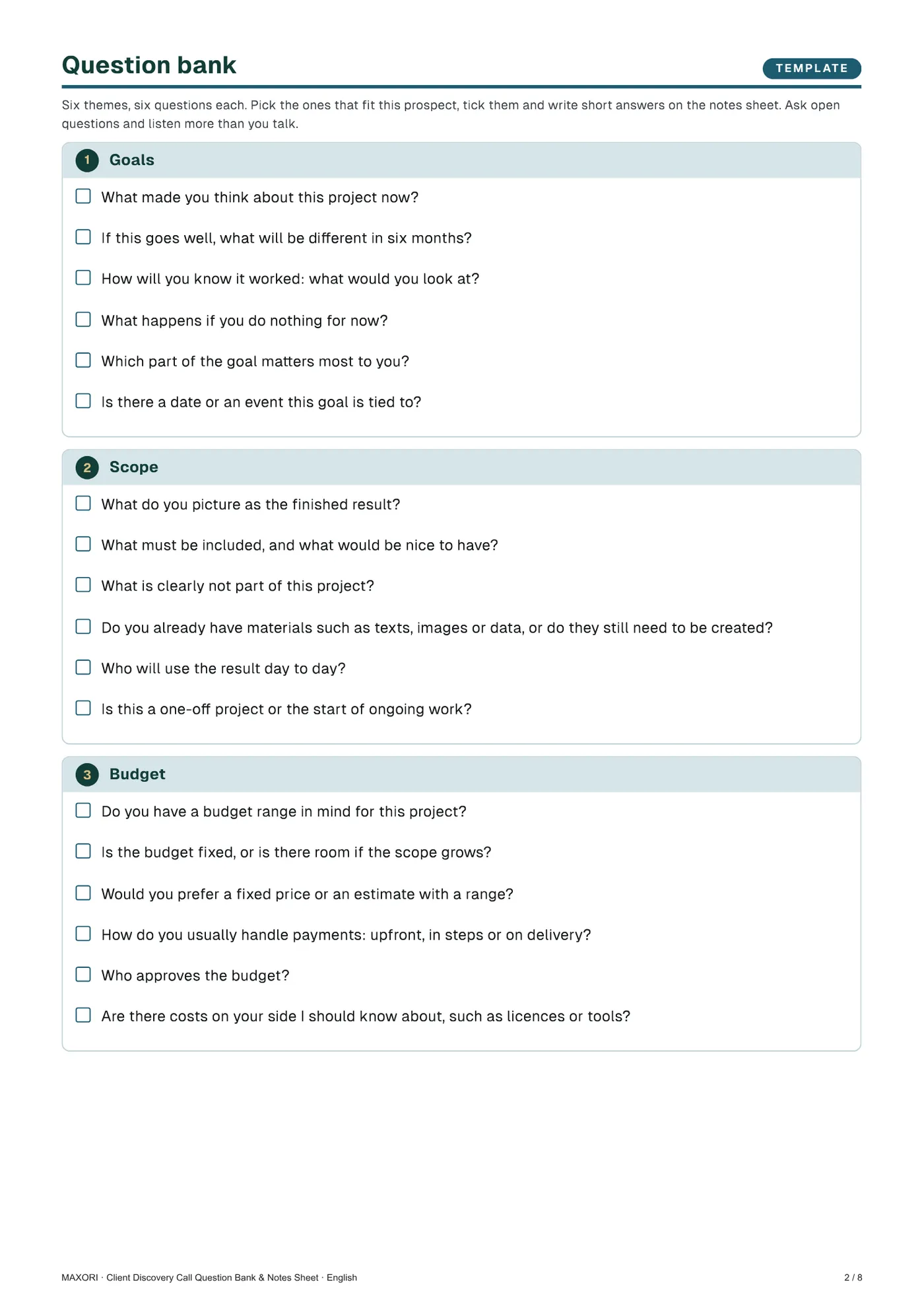 Client Discovery Call Question Bank & Notes Sheet – 36 Questions, Notes Page, Wording Bank (PDF + TXT) – Page 1