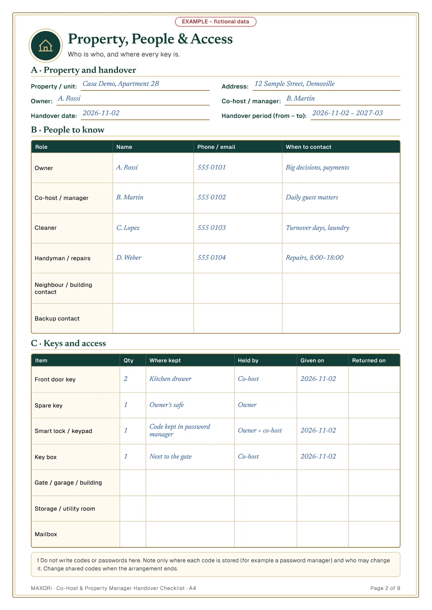 Lista de traspaso para cogestores y gestores de alojamiento – PDF imprimible – Página 1