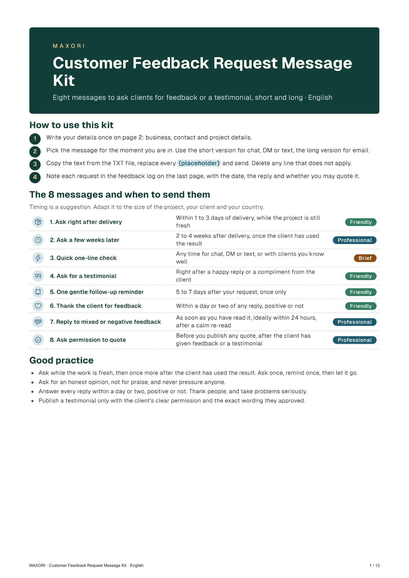Customer Feedback Request Message Kit – 8 Client Feedback and Testimonial Messages in 5 Languages – Page 1