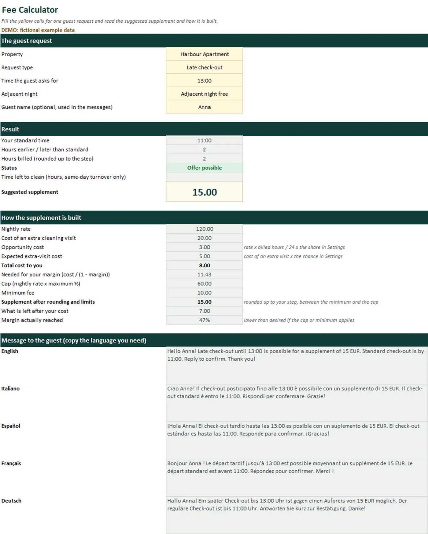 Aufpreis-Rechner für frühen Check-in / späten Check-out (Excel, 5 Sprachen) – Seite 1