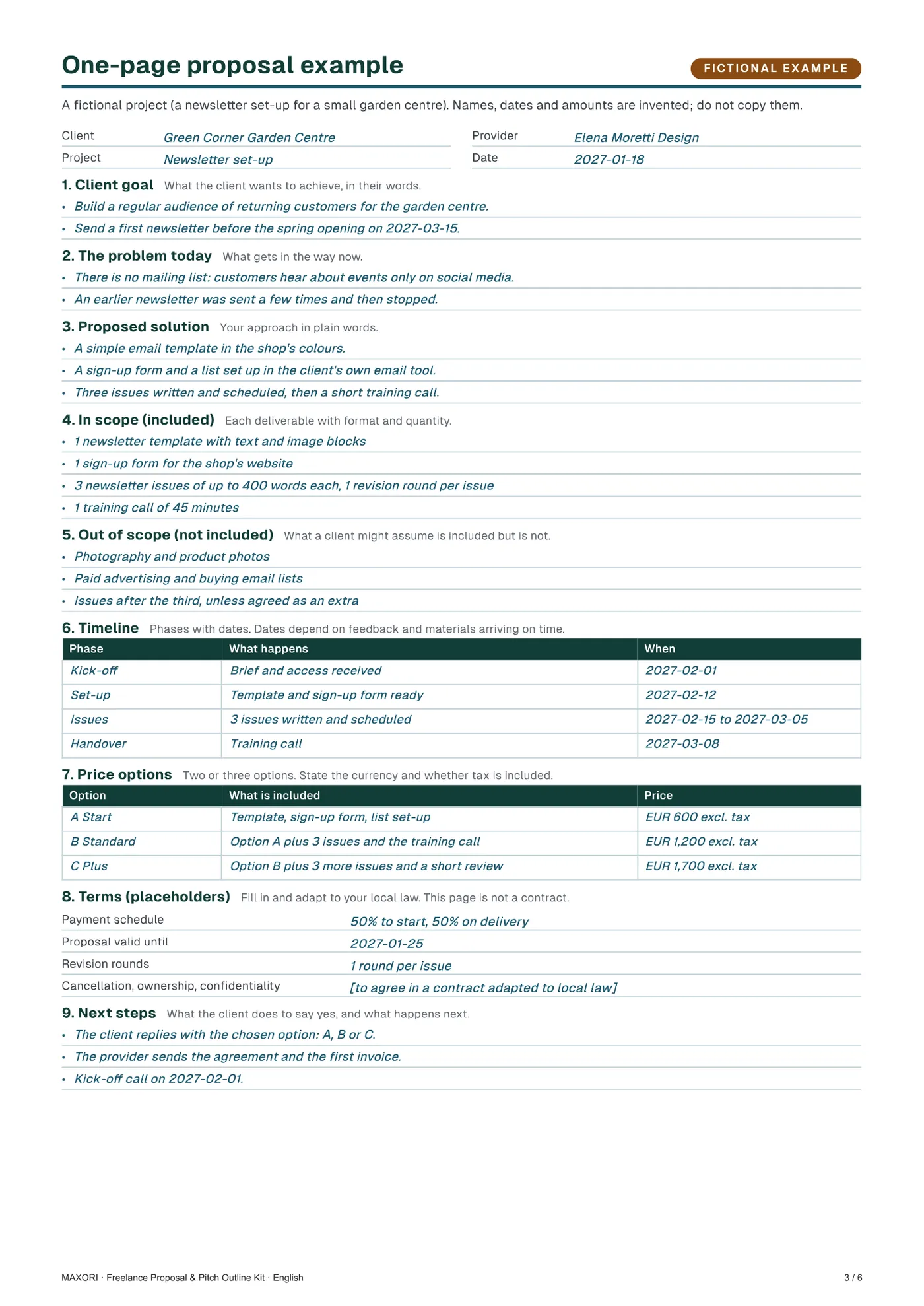 Freelance Proposal & Pitch Outline Kit – Angebotsgerüst als Einseiter und Vollversion, Formulierungssammlung (PDF + TXT) – Seite 1