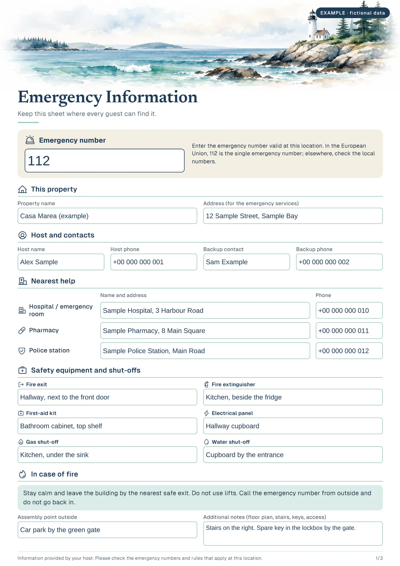 Notfall- und Lokalinformationen für Gäste – Ausfüllbares PDF-Kit – Seite 1