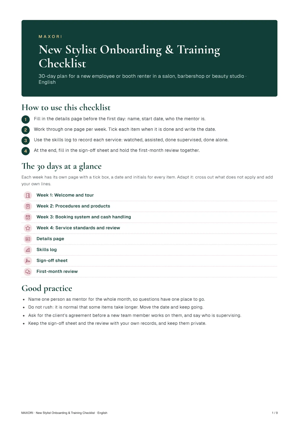 Checklist de incorporación y formación para nuevos estilistas – plan de 30 días en 5 idiomas – Página 1