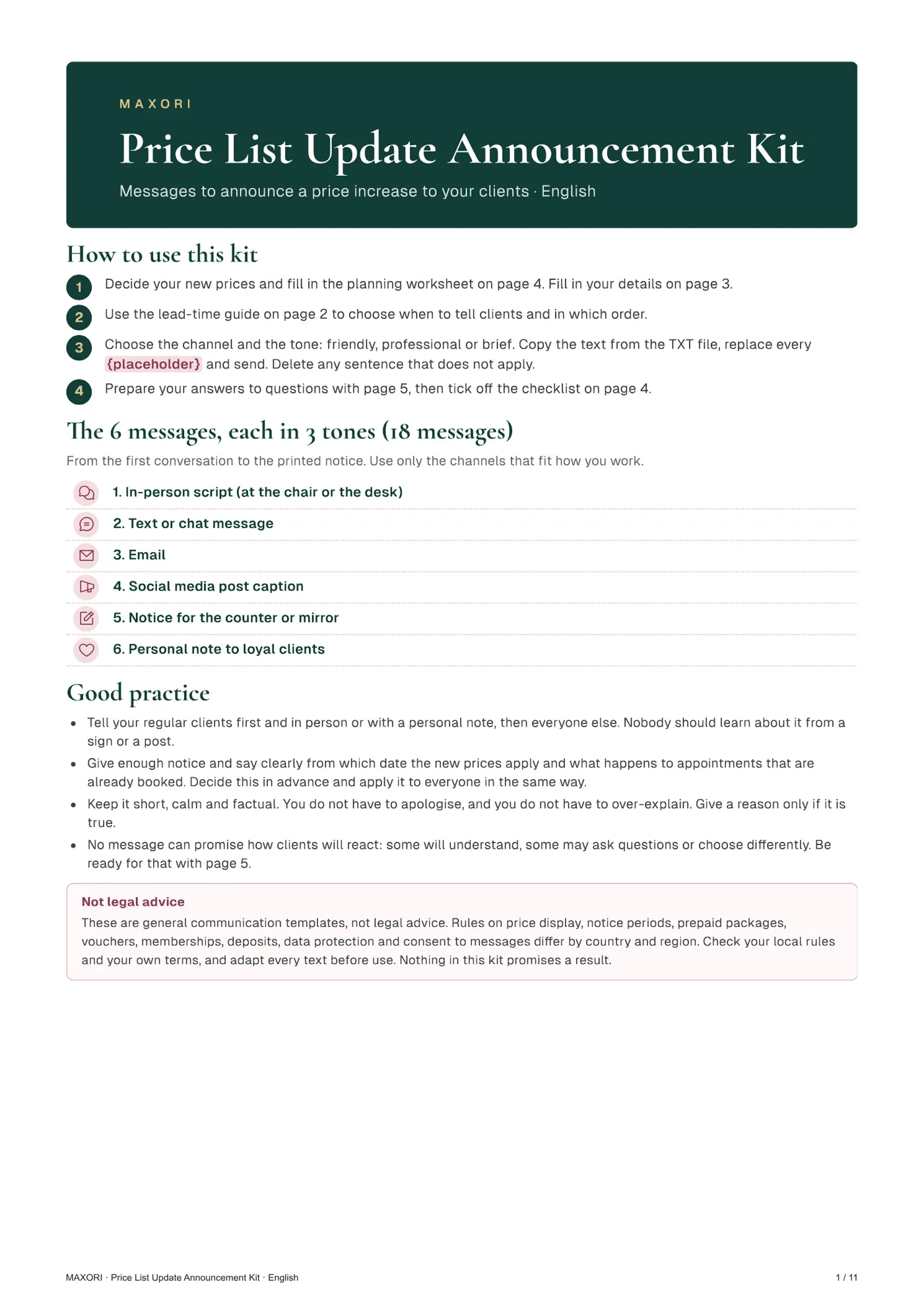 Salon Price Increase Announcement Kit – Messages in 5 Languages – Page 1