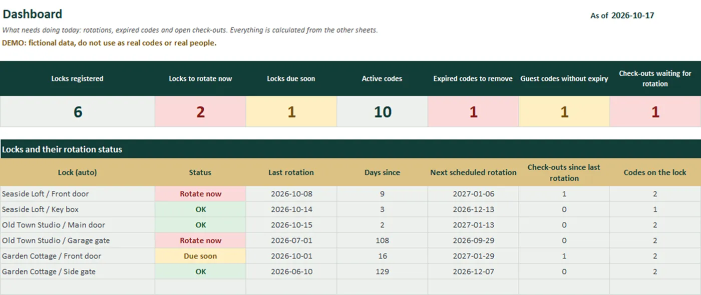 Smart Lock & Access Code Rotation Log (Excel, 5 languages) – Page 1